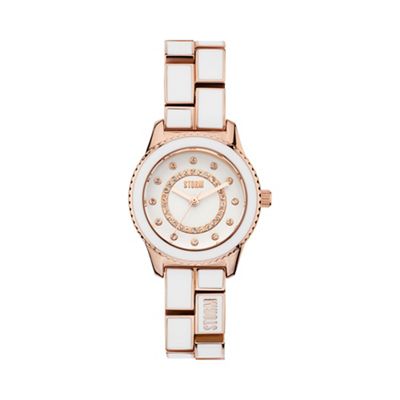 Ladies rose gold white crystal enamel bracelet watch mini zarina rg